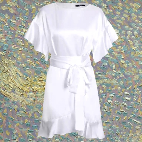 Boutique Dresses & Skirts - Satin Fit Flare Ruffled Belted Wrap Midi Dress NWT